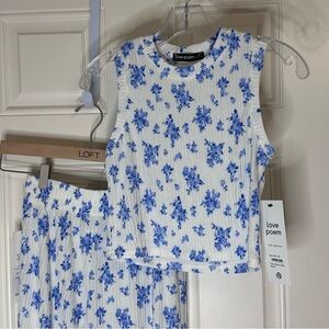 Blue Floral Wide Leg Two Piece Matched Set